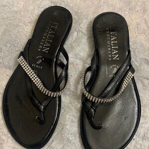 ITALIAN SHOEMAKERS SANDALS BLACK LEATHER RHINESTONES 6.5 THONGS FLIP FLOPS ITALY